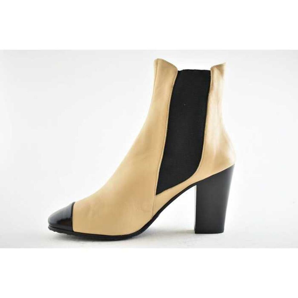 Chanel 19C Beige Leather Black CC Logo Cap Ankle Short Chelsea Pull On Boot 37.5 - Picture 6 of 9